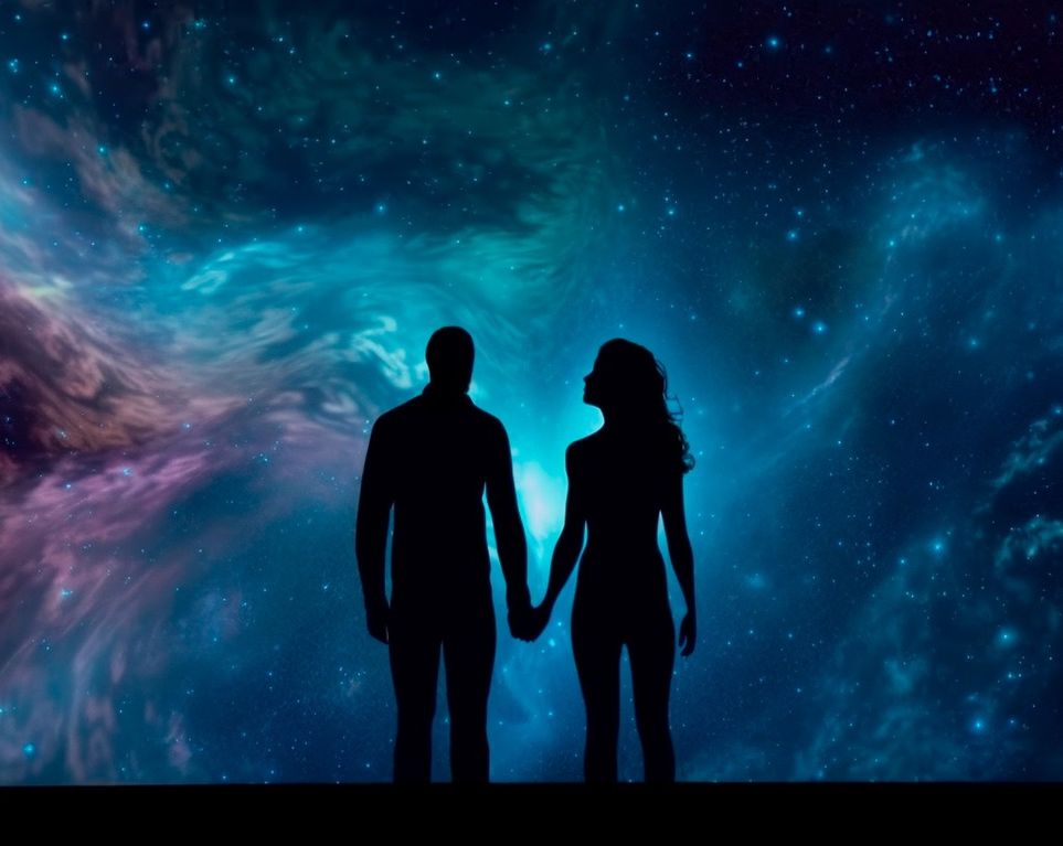 pareja de la mano con paisaje nocturno de fondo